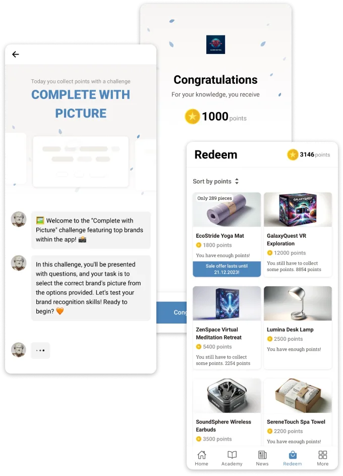 Inspire screens: the Complete with Picture challenge, a 1,000-point congratulations screen and the Redeem store