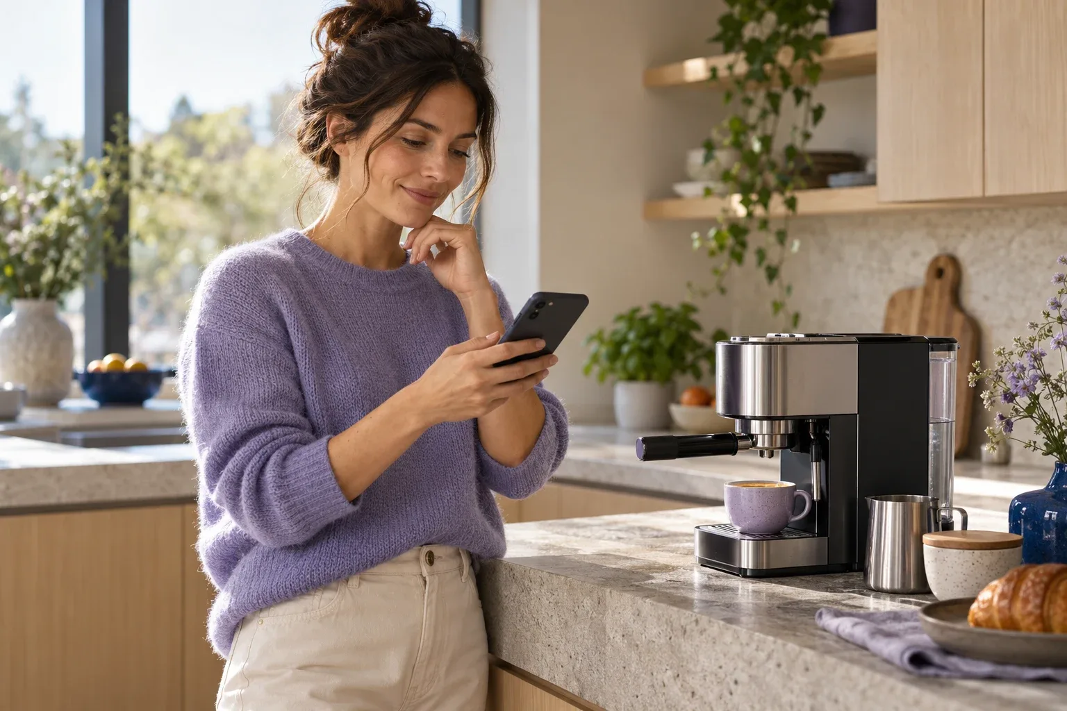 Customer consulting a product guide on her phone beside a coffee machine