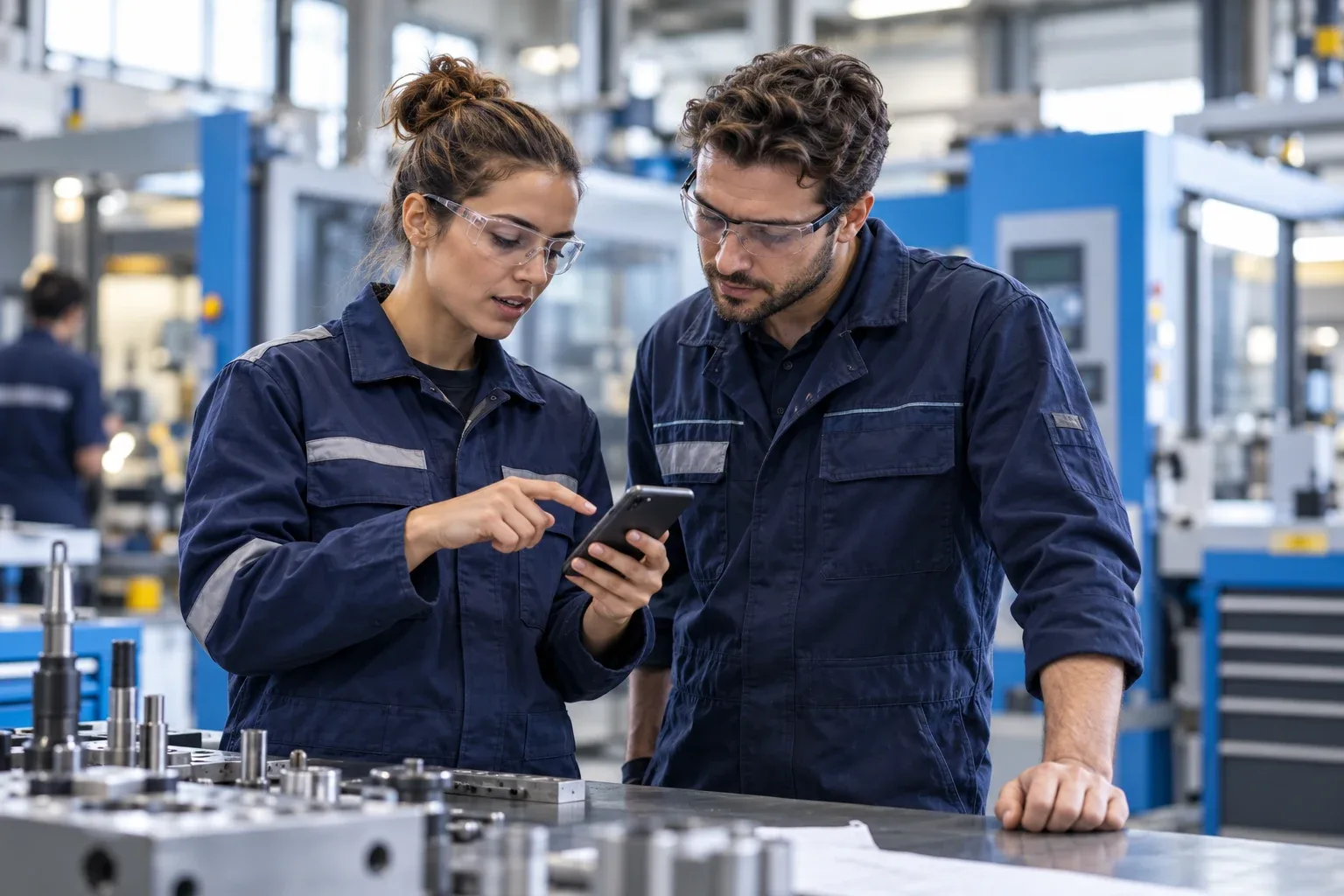 Two production colleagues consulting a smartphone beside factory equipment